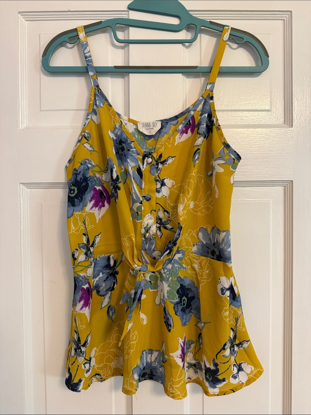 Sienna Sky Yellow Floral Tie-Front Cami with Blue Accents
